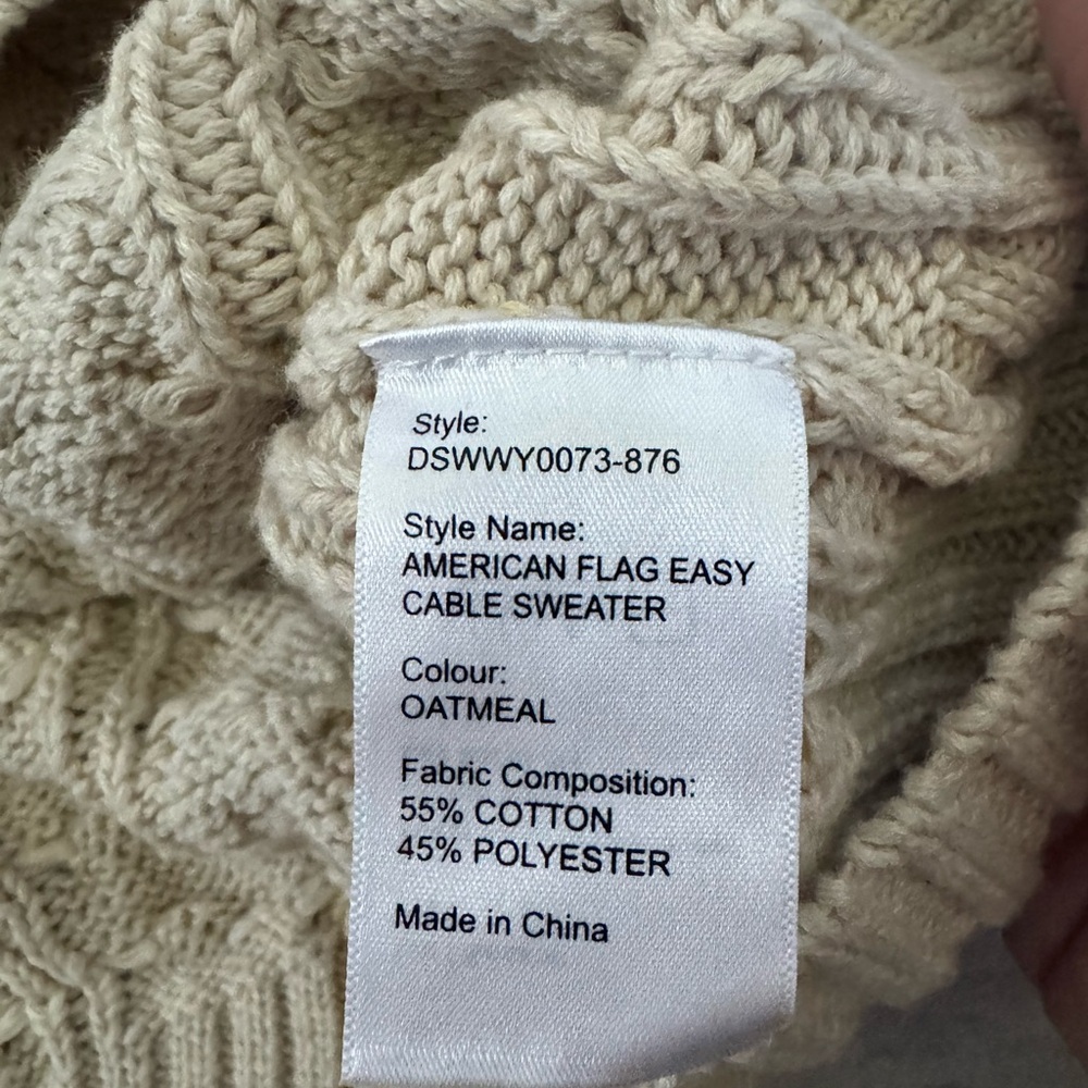 Denimist American Flag Cable Knit Sweater Oatmeal Cream Preppy Patriotic USA J32 - Picture 9 of 9